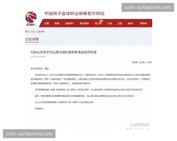 CBA联盟对某俱乐部开出罚单，因其违规发布赛事短视频内容